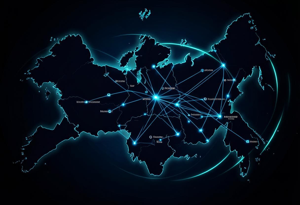 Карта России со светящимися линиями связи до дата-центров Whitehost